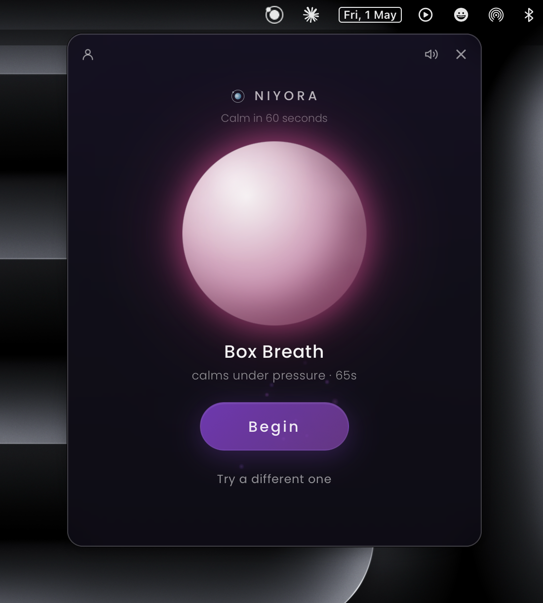 Niyora panel showing Box Breath, with Begin button